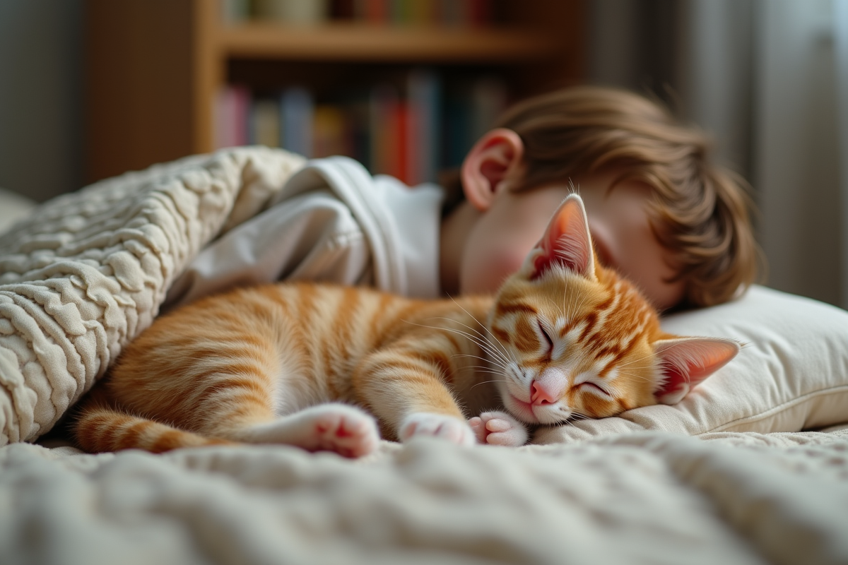 Garçon endormi avec un chaton dans une chambre d