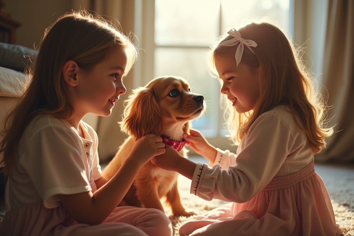 Deux enfants caressant un cocker spaniel en intérieur