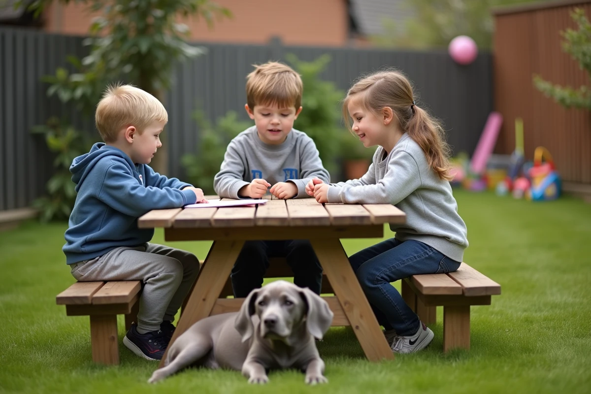 Enfants discutant avec leur chien dans le jardin