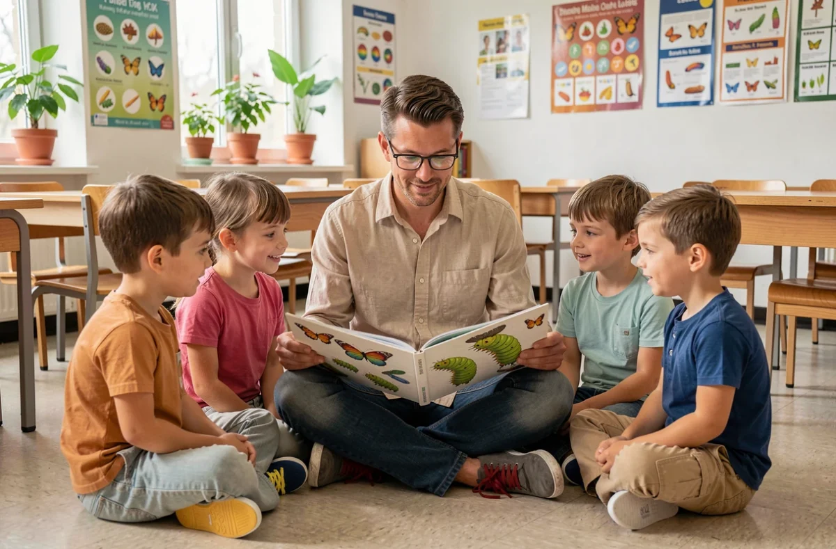 Enseignant expliquant à des enfants ce que mange une chenille à l'aide d'un livre illustré en classe
