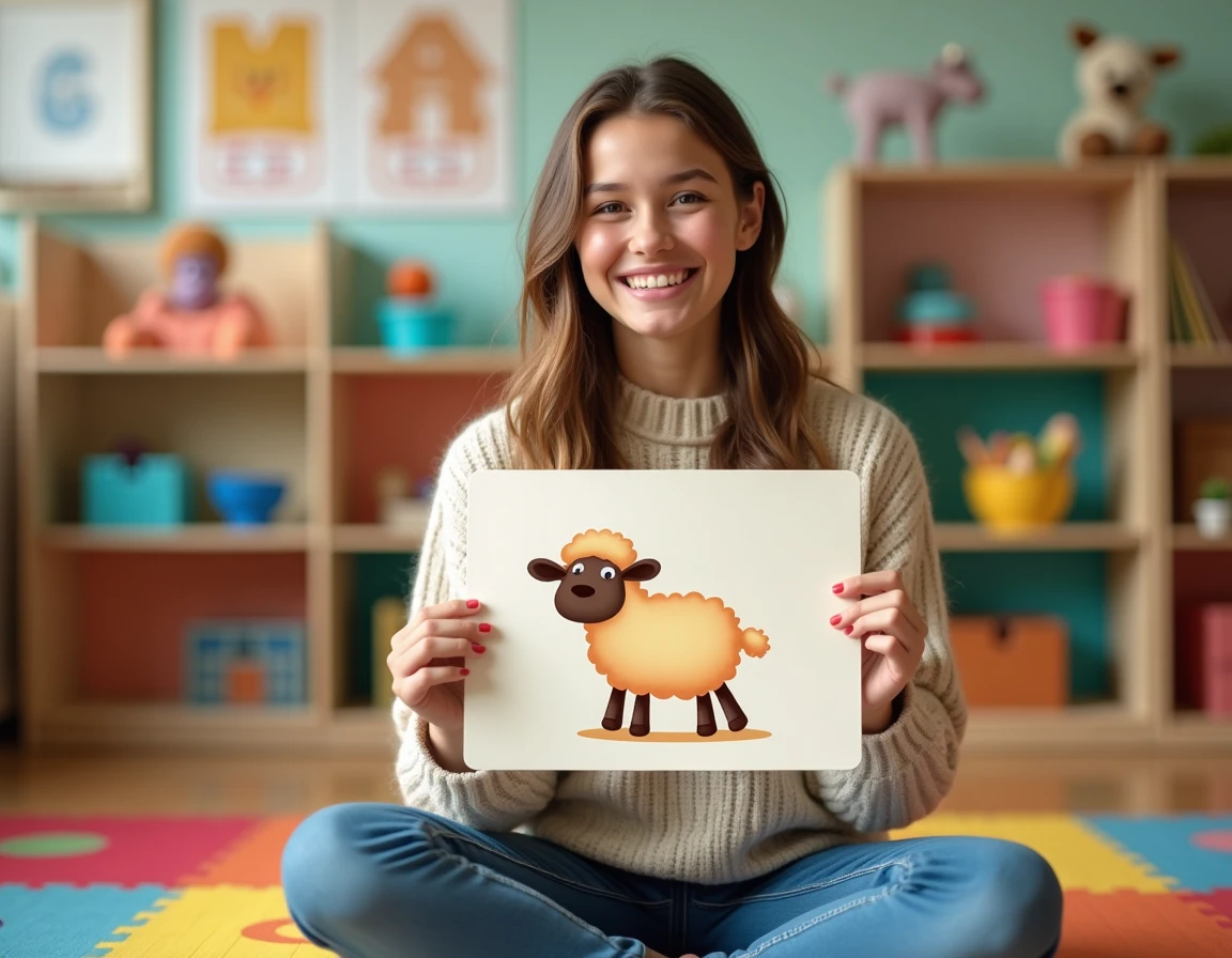 Enseignante de maternelle montrant une carte illustrée d'un animal en U à ses élèves dans une salle de classe colorée