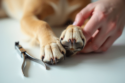 Gros plan sur la patte d'un chien avec ongles longs et coupe-ongles à côté