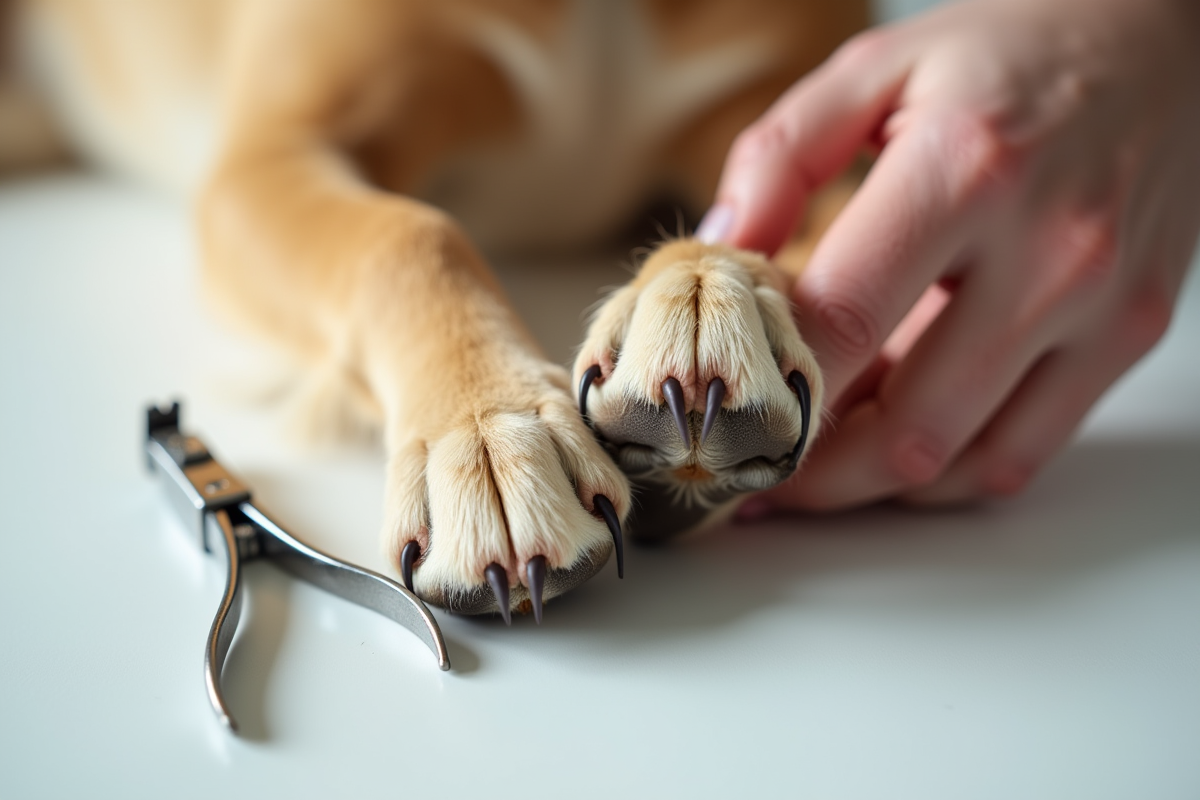 Gros plan sur la patte d'un chien avec ongles longs et coupe-ongles à côté