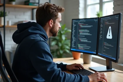 Développeur informatique face à une erreur d'image brisée sur son écran d'ordinateur dans un bureau moderne