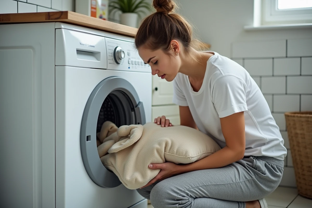 Femme inspectant la housse d'un coussin pour chien après un lavage incorrect dans une buanderie