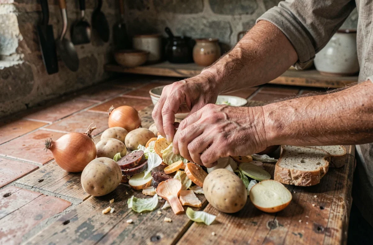 Mains d'un agriculteur triant des restes alimentaires inappropriés pour nourrir un cochon, incluant oignons et pain moisi