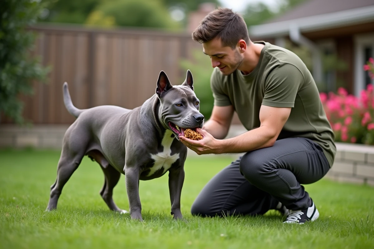 Propriétaire jouant avec son Exotic Bully dans le jardin avec un jouet enrichissant pour stimuler la santé mentale et physique du chien