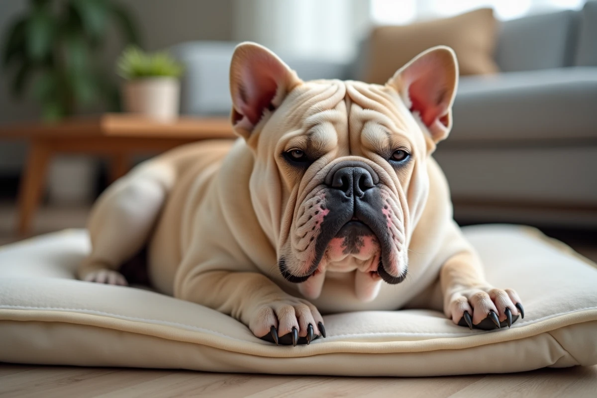 American Bully Exotic Bully se reposant sur un coussin orthopédique à la maison, illustrant le confort articulaire et la prévention des maladies