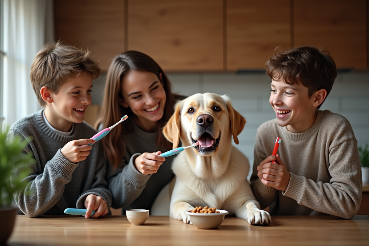 Famille brossant les dents de leur chien à la maison