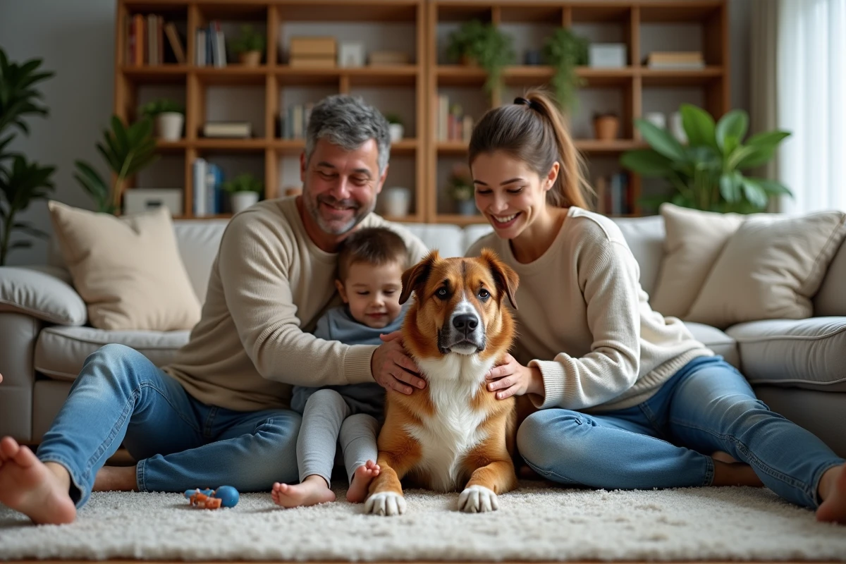 Famille avec chien dans un salon chaleureux