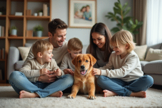 Famille souriante jouant avec un chiot dans le salon