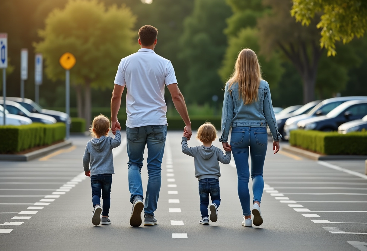 Famille marchant dans un parking près du zoo de La Palmyre