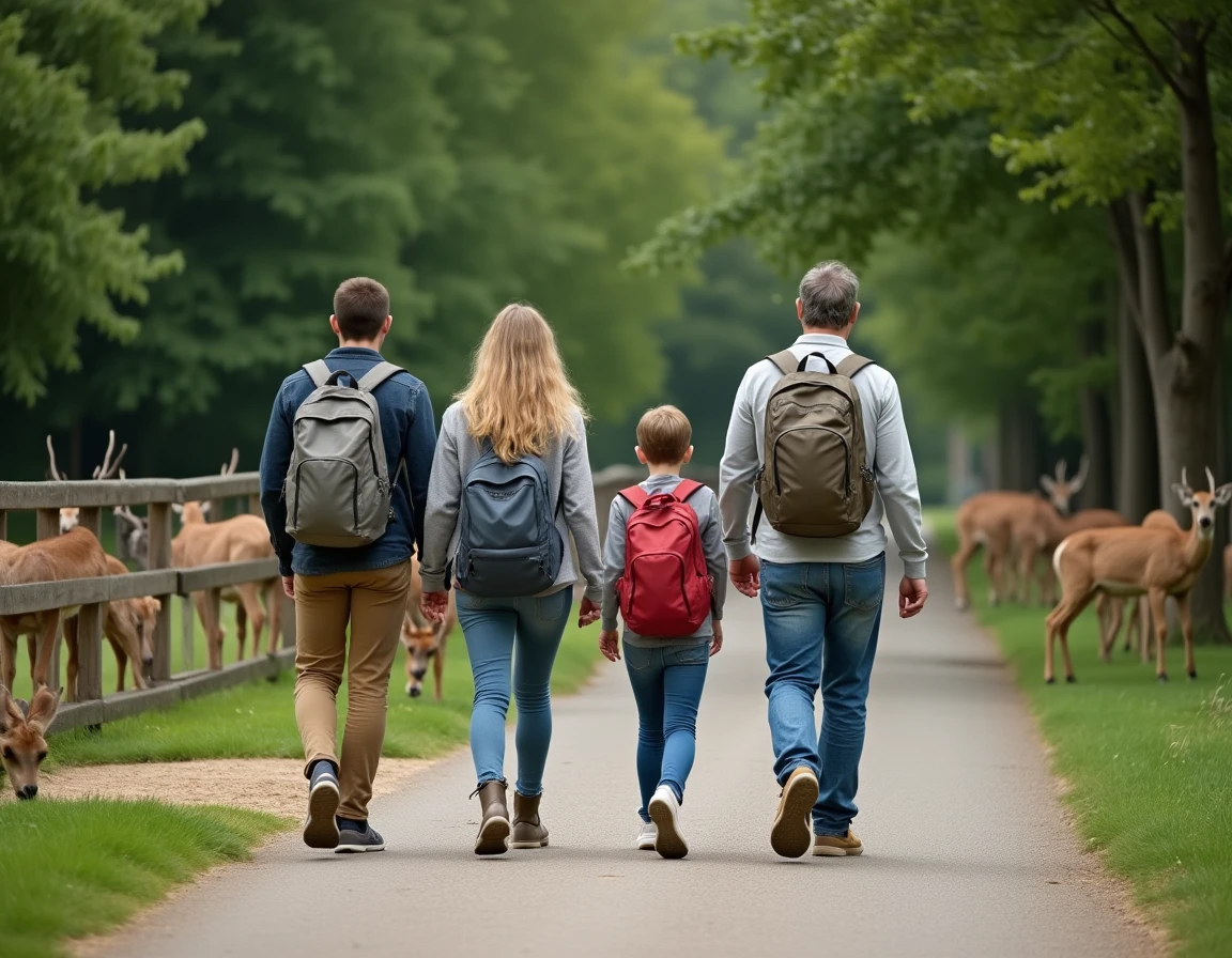 Famille en visite dans un parc animalier près de Strasbourg observant des cerfs le long d'un sentier boisé accessible sans voiture