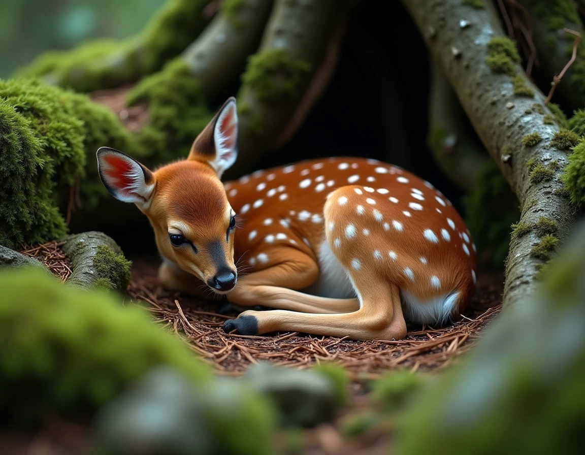 Faon tacheté endormi sur un lit de mousse en forêt, symbolisme spirituel du faon et innocence dans la nature