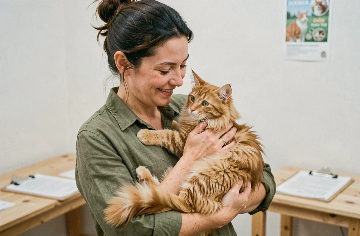 Femme tenant un chaton roux à poils longs dans une salle d'adoption d'un refuge pour animaux