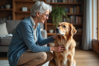 Femme agee caressant son chien golden retriever dans un salon