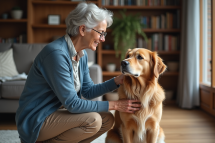 Femme agee caressant son chien golden retriever dans un salon