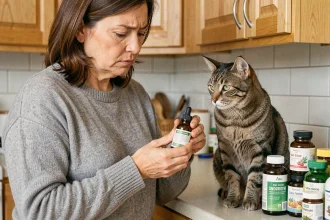 Femme lisant attentivement l'étiquette d'un flacon d'argent colloïdal posé près de son chat tigré sur le plan de travail de sa cuisine