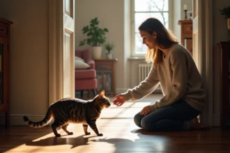 Femme et chat dans un intérieur chaleureux et accueillant