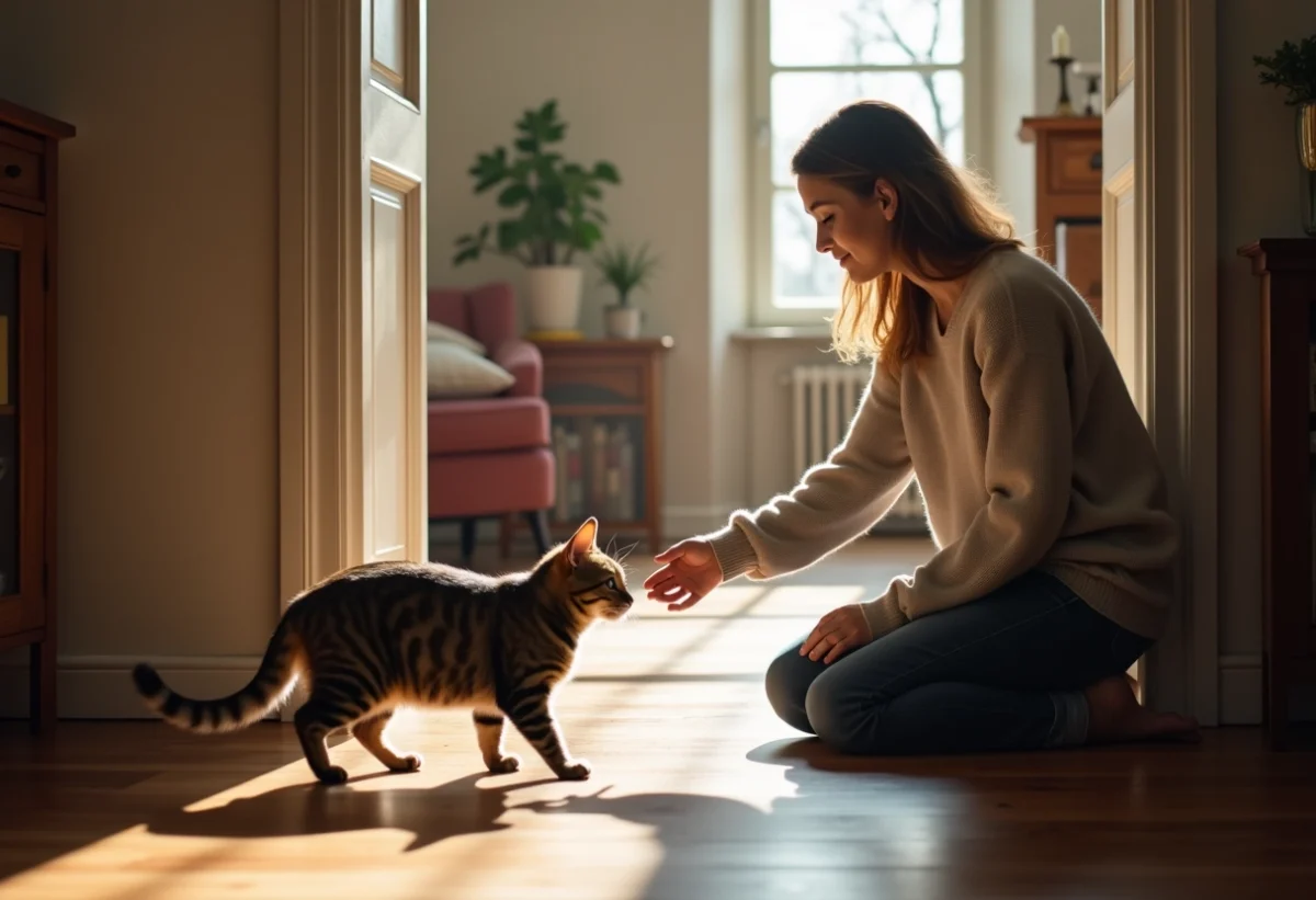 Femme et chat dans un intérieur chaleureux et accueillant
