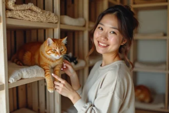 Femme souriante caressant un chat ginger dans un centre