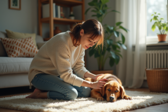 Femme avec chien malade dans un salon chaleureux