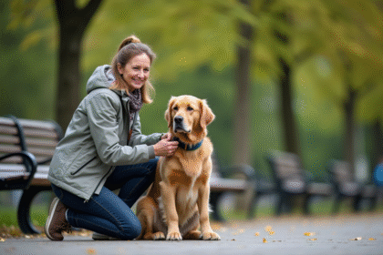 Femme en extérieur avec son chien dans un parc urbain