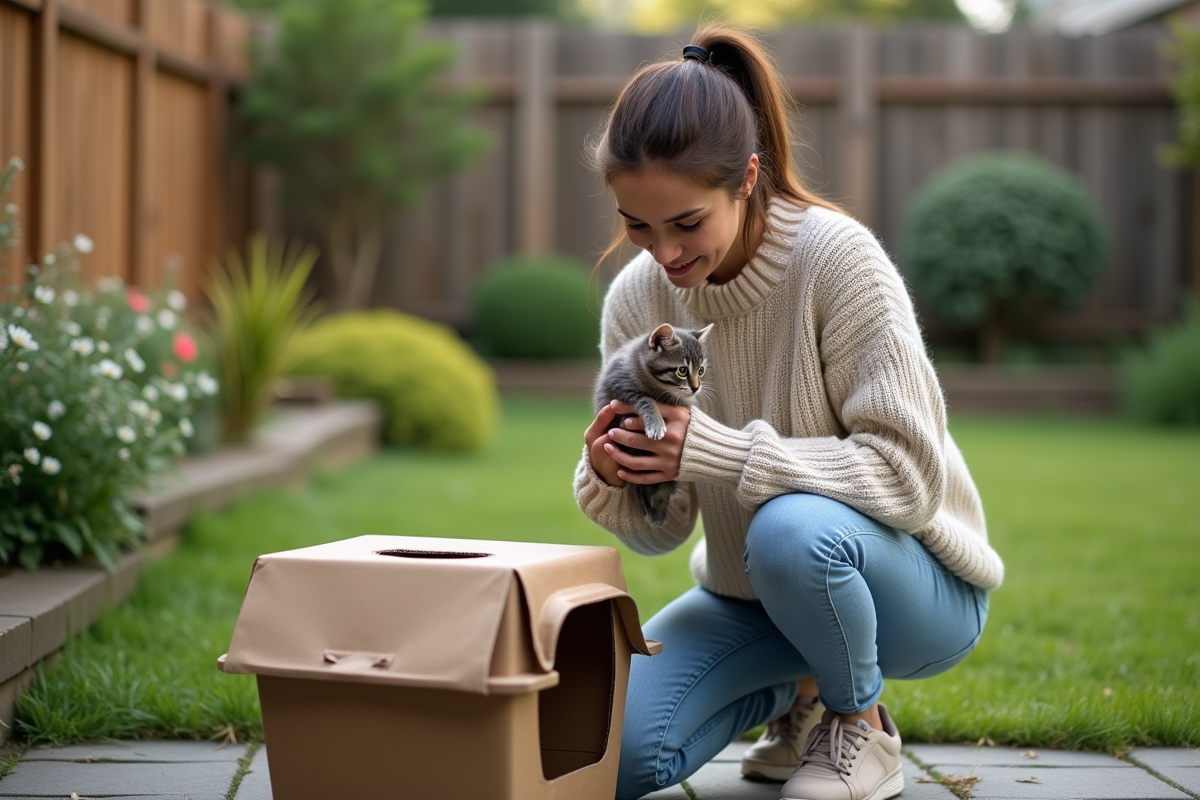 Jeune femme tenant un chaton dans un jardin en extérieur