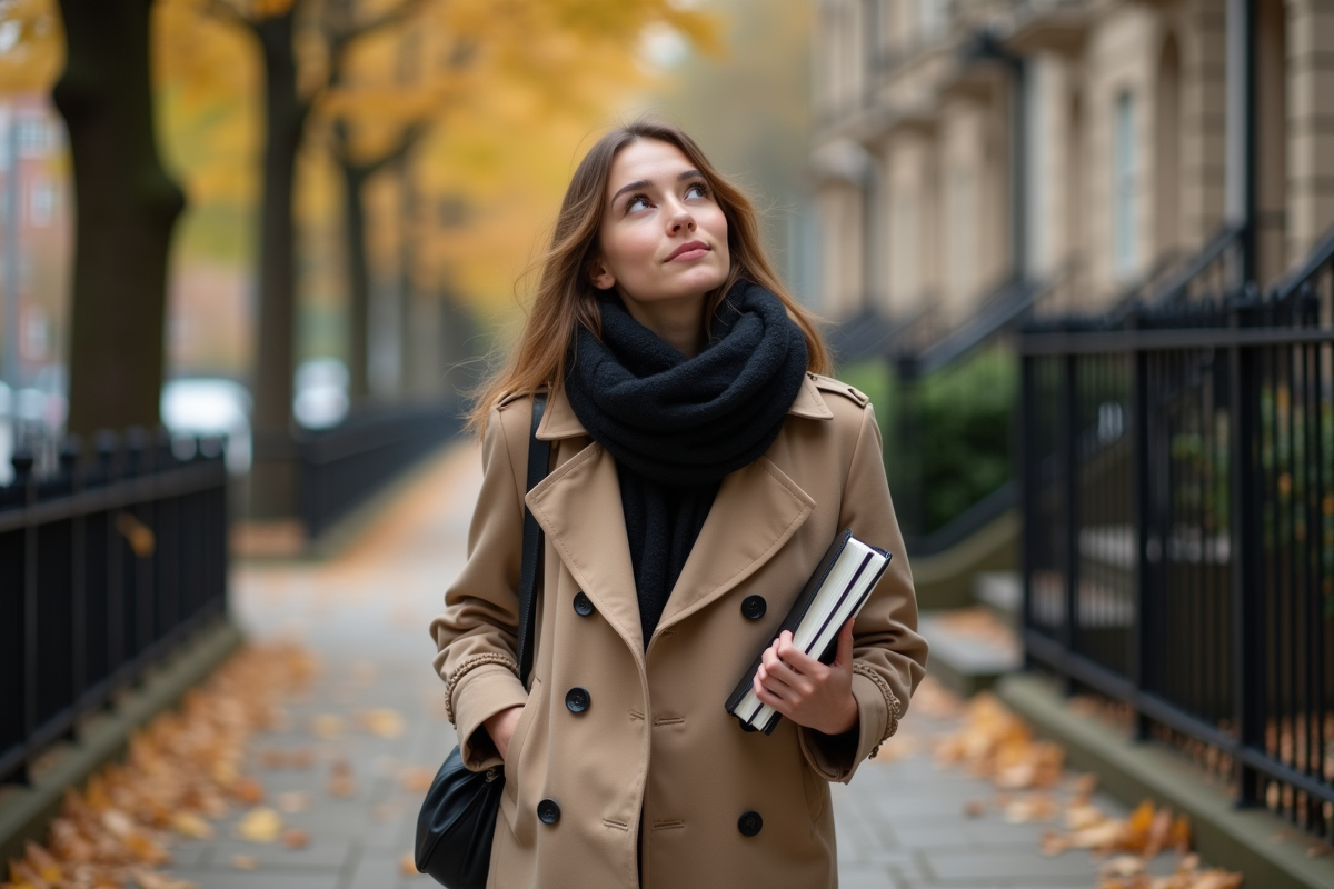 Jeune femme en trench marche en automne dans la ville