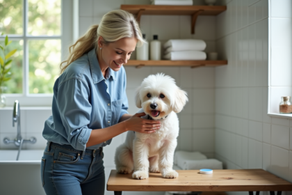 Femme brossant un petit poodle dans la salle de bain