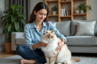 Jeune femme caressant un chat sacre birman dans un salon cosy