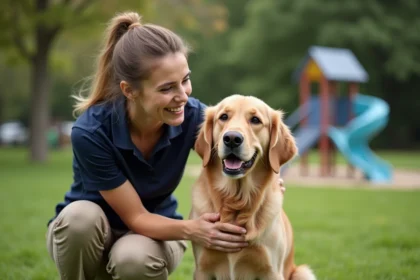 Femmes avec un chien retriever dans un parc verdoyant