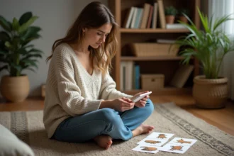 Femme assise avec cartes animaux totem dans un salon cosy