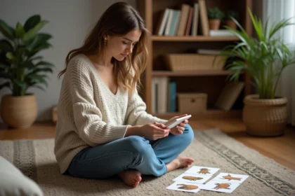 Femme assise avec cartes animaux totem dans un salon cosy