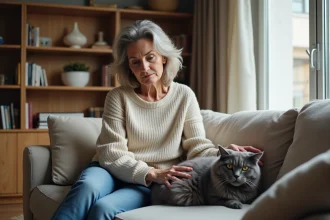 Femme assise avec chat angora dans un salon cosy