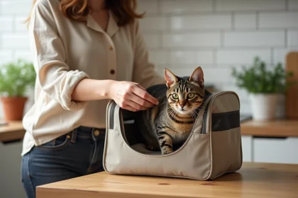 Femme plaçant son chat dans un sac de transport abordable en tissu sur une table en bois
