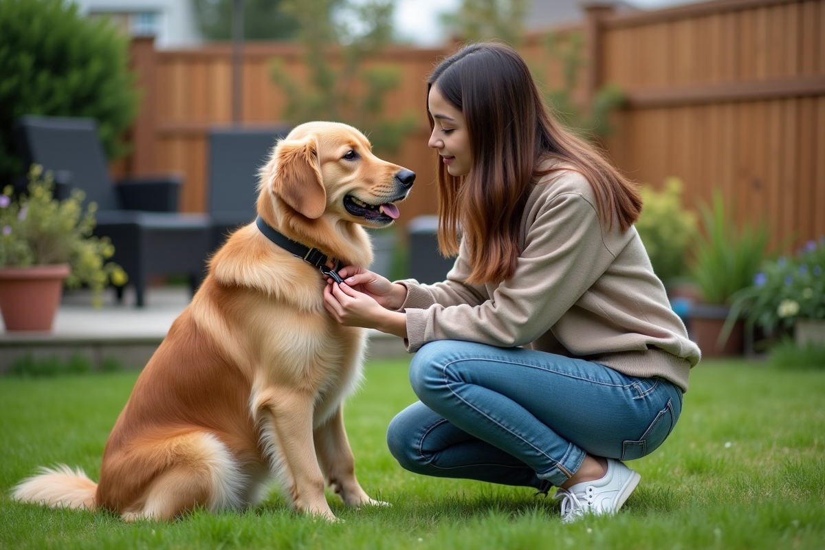 Jeune femme en printemps avec son chien en jardin