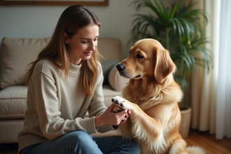 Femme caressant la patte d'un chien golden retriever dans un salon