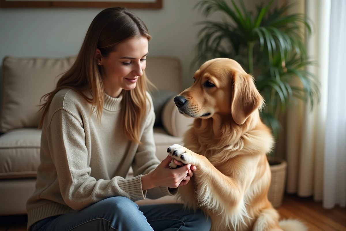 Femme caressant la patte d'un chien golden retriever dans un salon