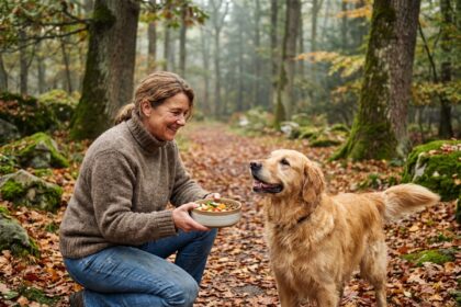 Femme en pull automnal offrant un bol à son chien dans la forêt