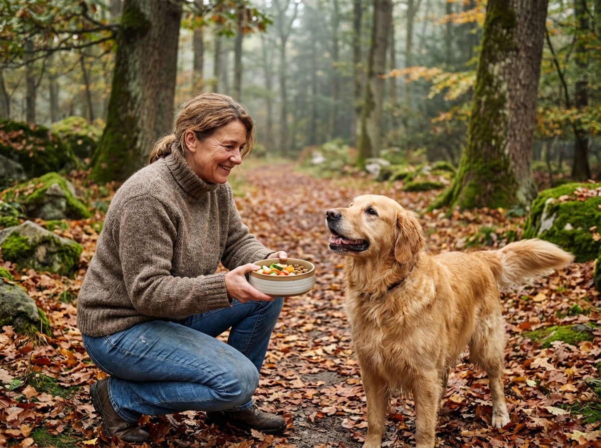 Femme en pull automnal offrant un bol à son chien dans la forêt