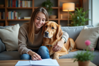 Femme souriante avec son chien dans un salon chaleureux