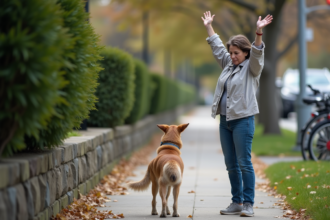 Femme en jeans avec chien dans un quartier résidentiel