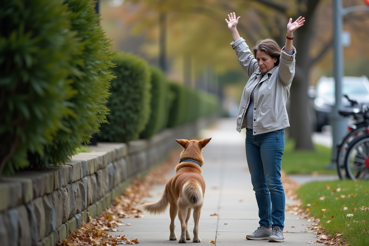 Femme en jeans avec chien dans un quartier résidentiel
