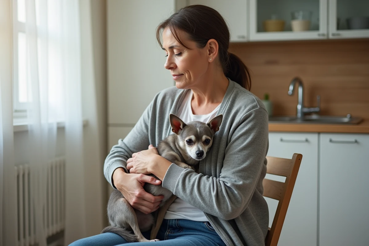 Femme tenant tendrement son vieux chihuahua malade dans ses bras dans une cuisine familiale