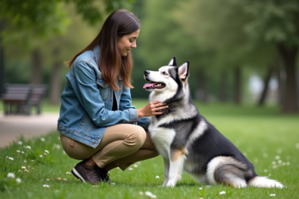 Jeune femme dans un parc caressant un chien mix Australian Shepherd