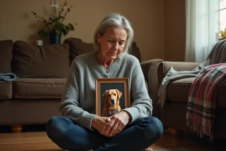Femme en deuil tenant le collier de son chien décédé et une photo souvenir dans un salon chaleureux