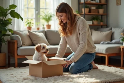 Femme avec chien près d'une boîte de produits pour animaux