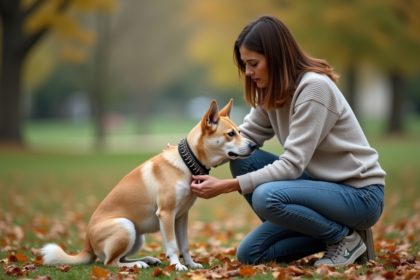Femme inspectant un collier à pointes sur son chien dans un parc