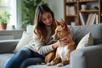 Femme réconfortant un chien anxieux dans un salon lumineux